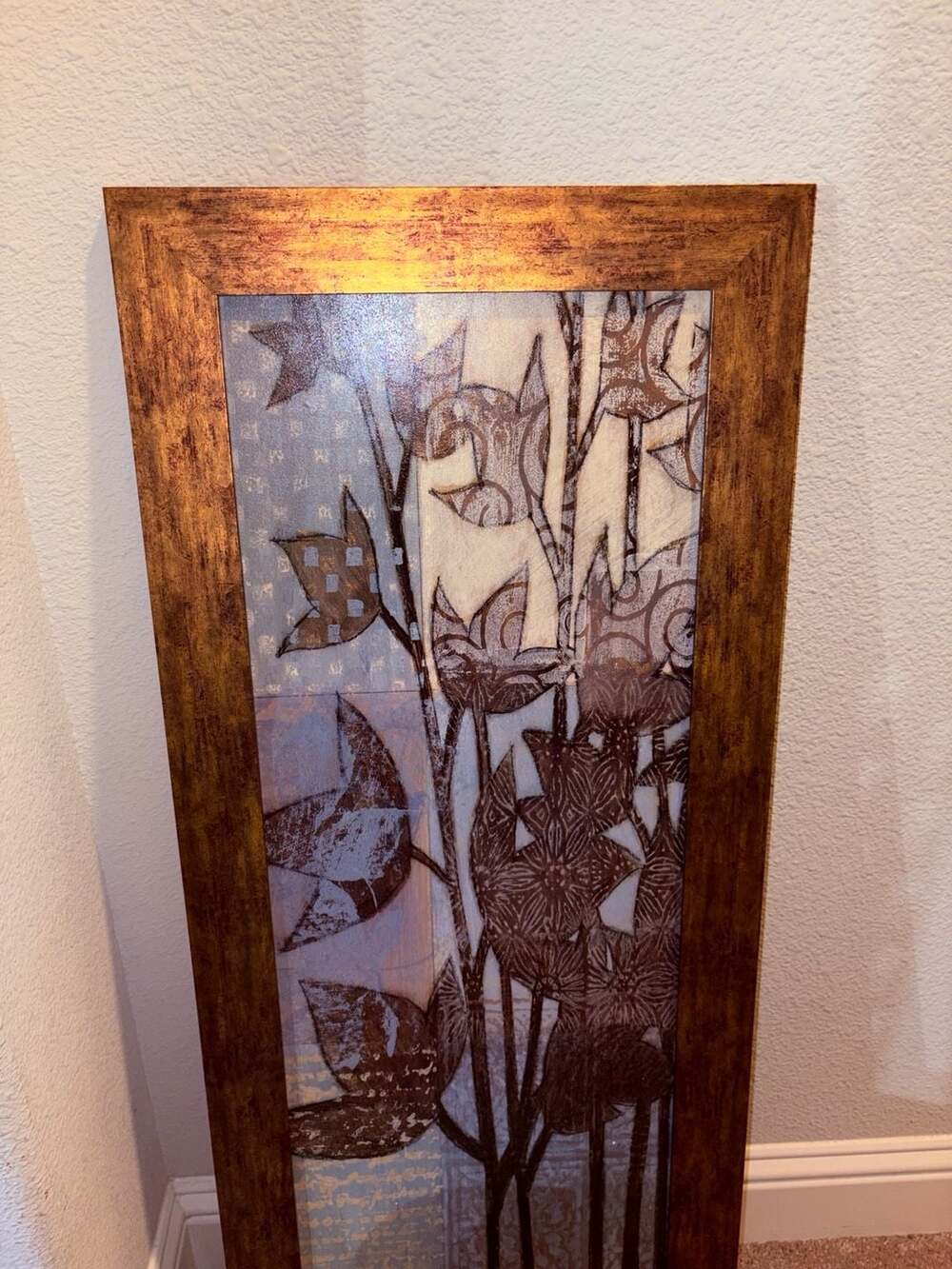 Leaves I Framed Wall Art Print in Blue and Gold Toned Frame